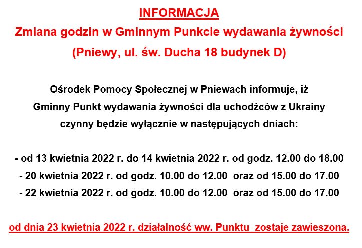 Informacja dotycząca Punktu żywności dla Ukraińców